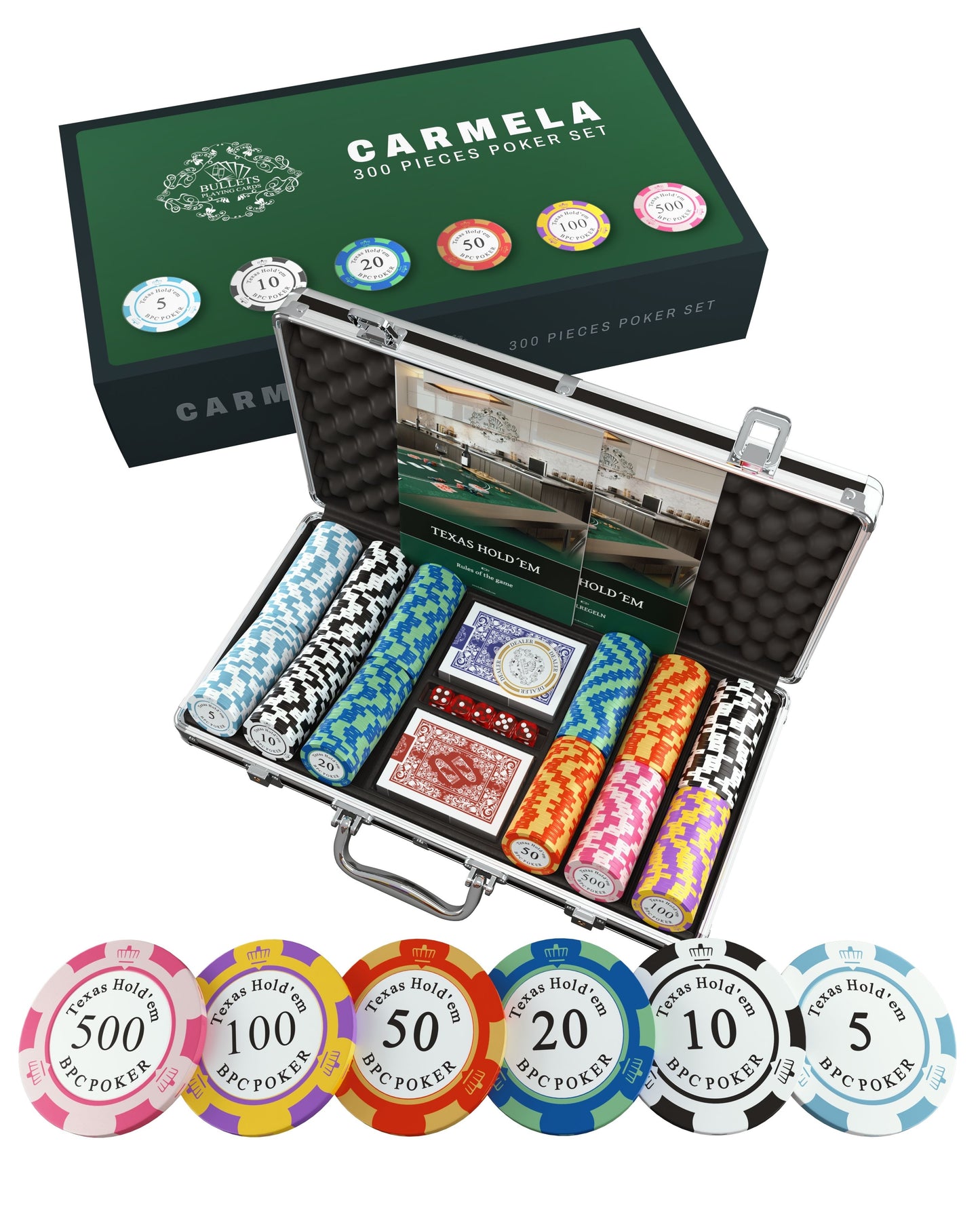 Poker case with 300 clay poker chips 'Carmela' with Denominations