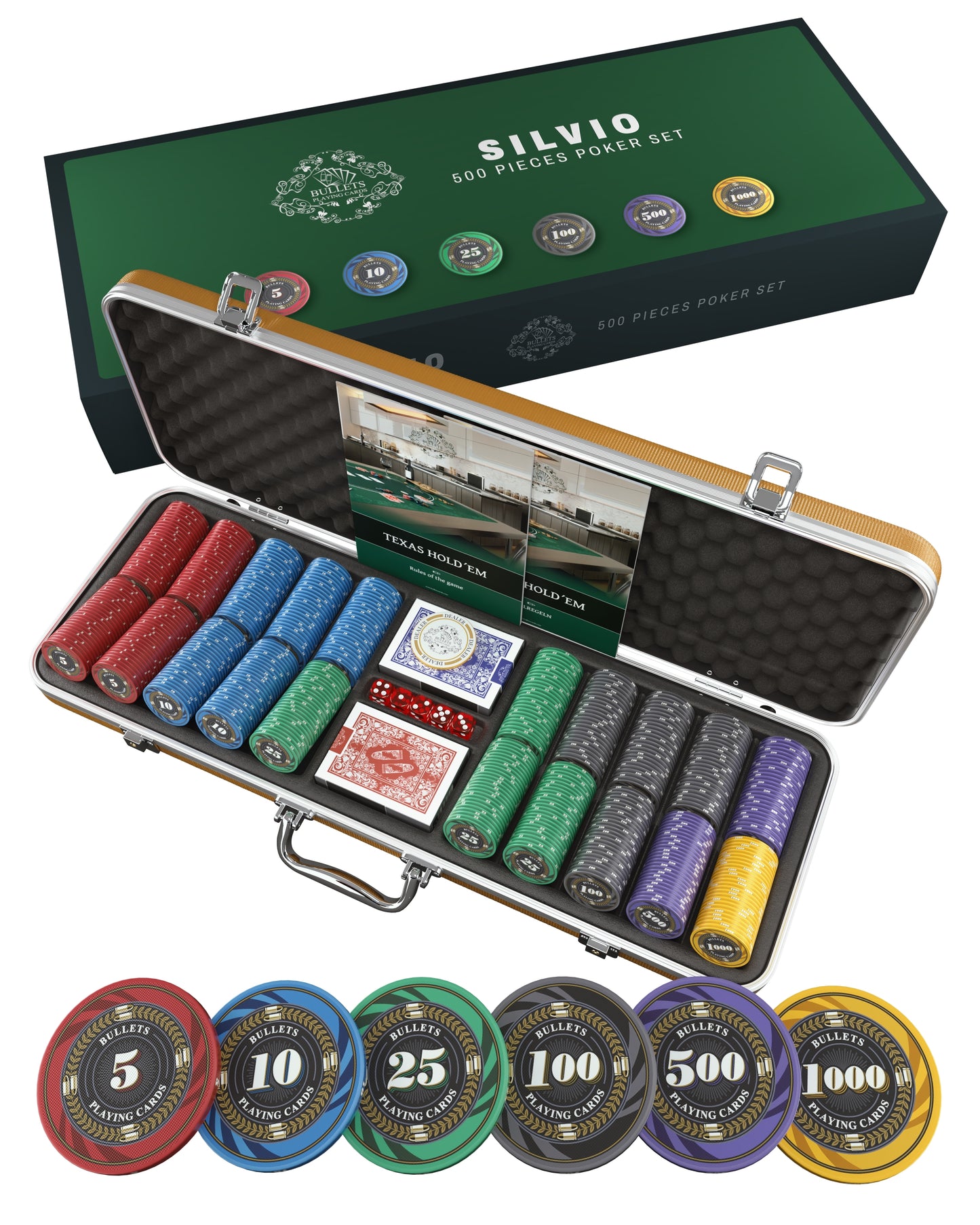 Poker case with 500 ceramic poker chips 'Silvio' with Denominations
