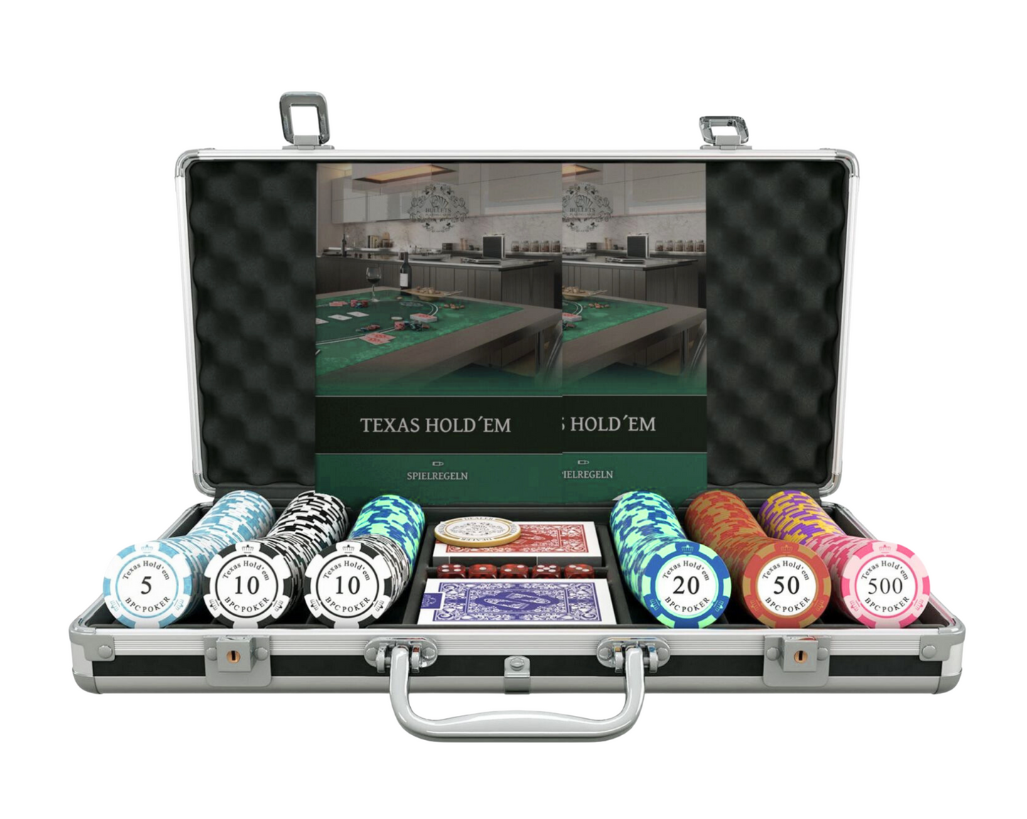 Poker case with 300 clay poker chips 'Carmela' with Denominations