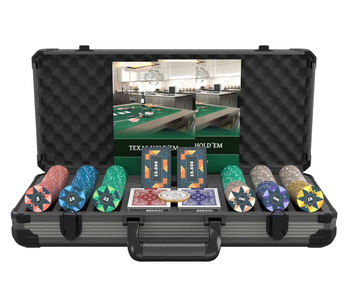 Poker set with 300 ceramic poker chips "Paulie" with denominations.