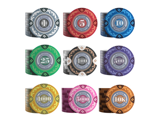 Clay Poker Chips “Tony” with Denominations – Roll of 20 | Bullets Cards