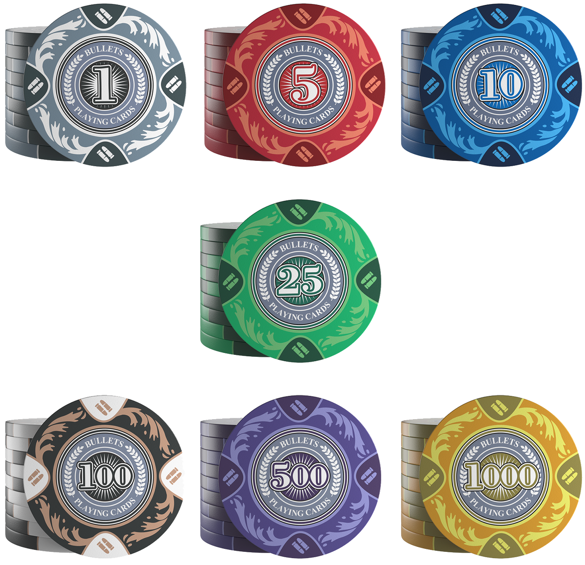 Clay Poker Chips "Tony" with values role of 20 pcs Bullets Playing