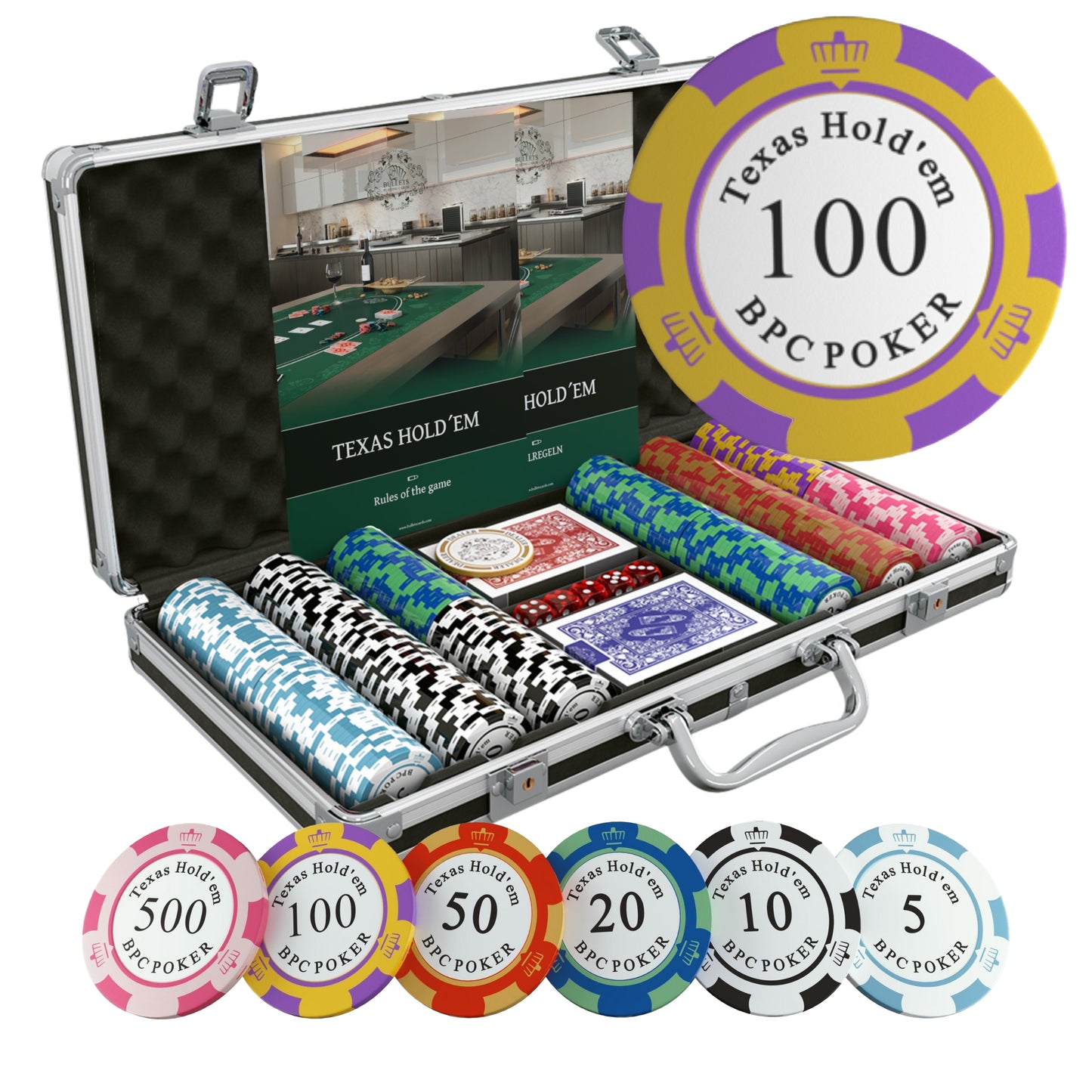 Poker case with 300 clay poker chips 'Carmela' with Denominations