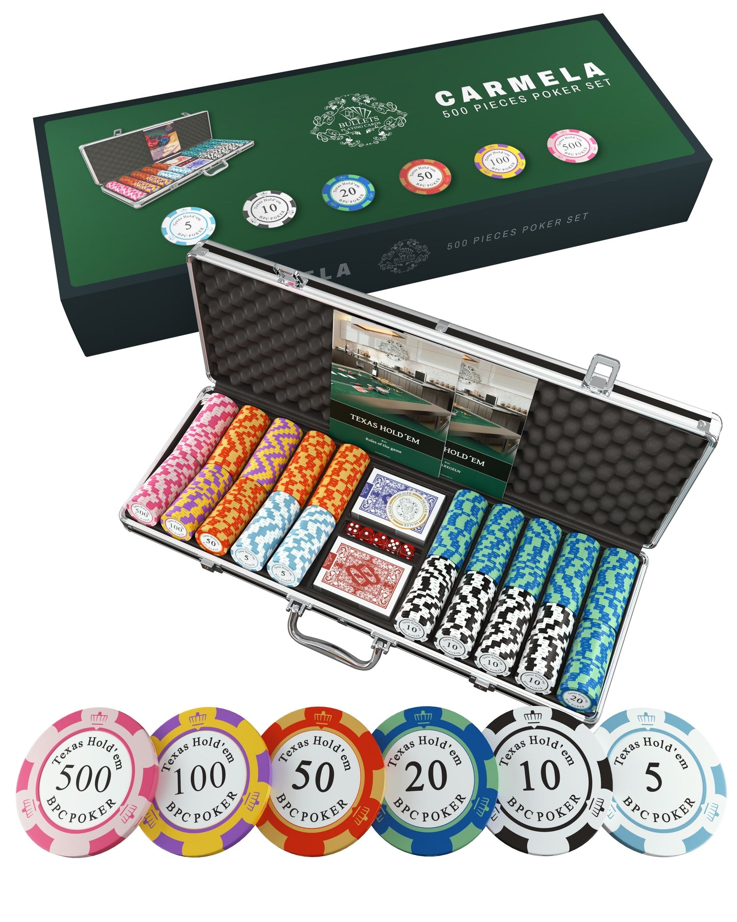 Poker case with 500 clay poker chips "Carmela" with values