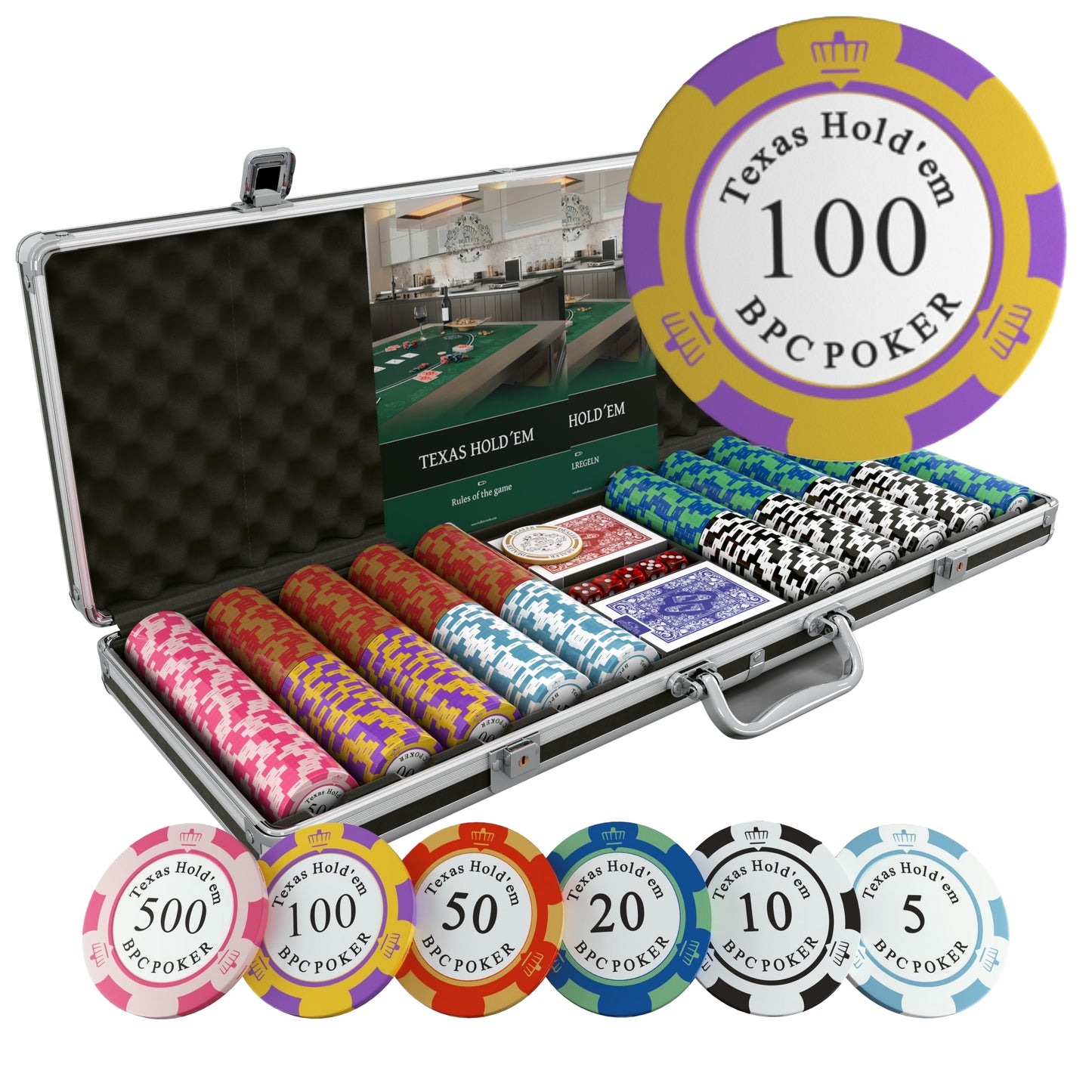 Poker case with 500 clay poker chips "Carmela" with values