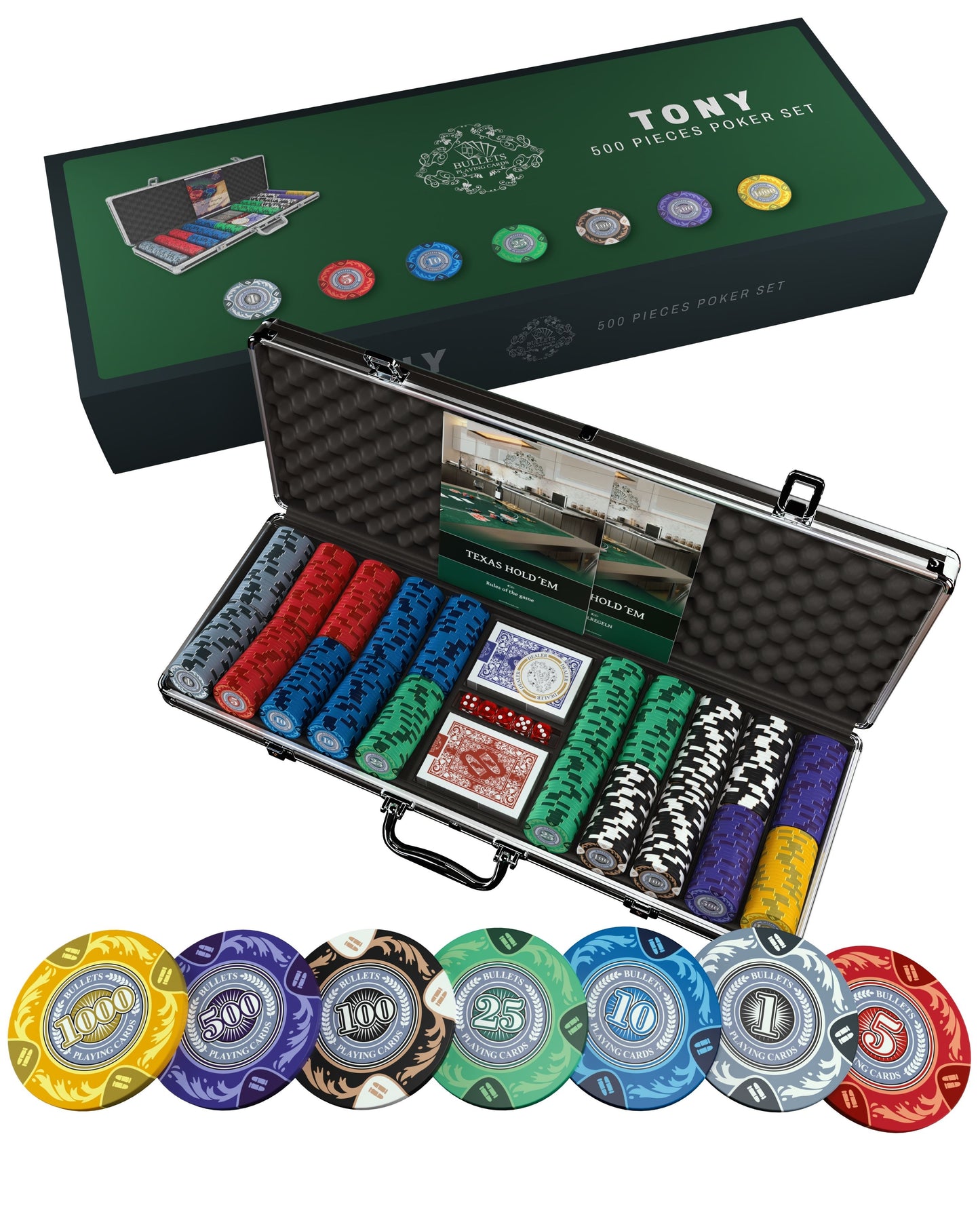 Poker case with 500 designer clay poker chips 'Tony' with values