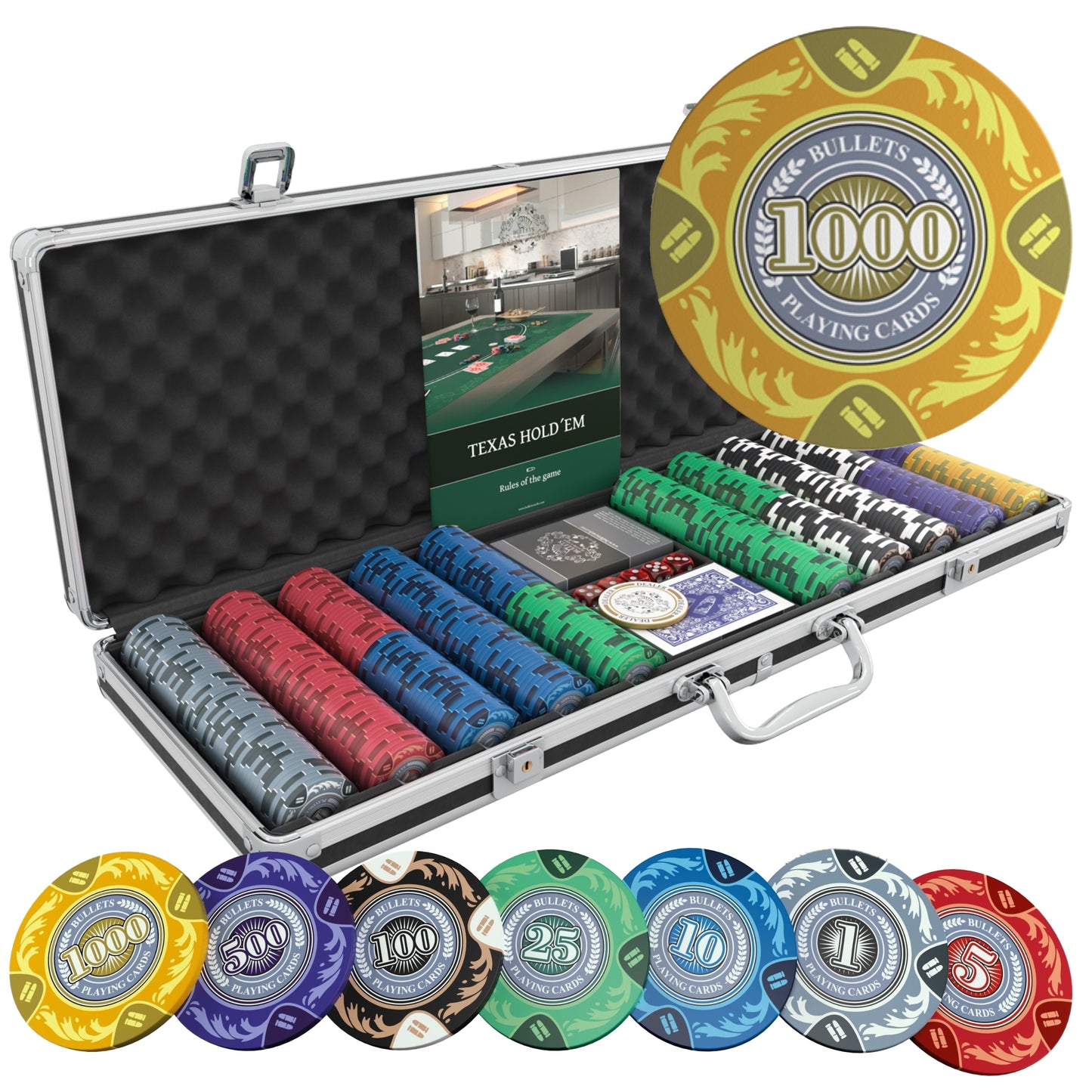 Poker case with 500 designer clay poker chips 'Tony' with values