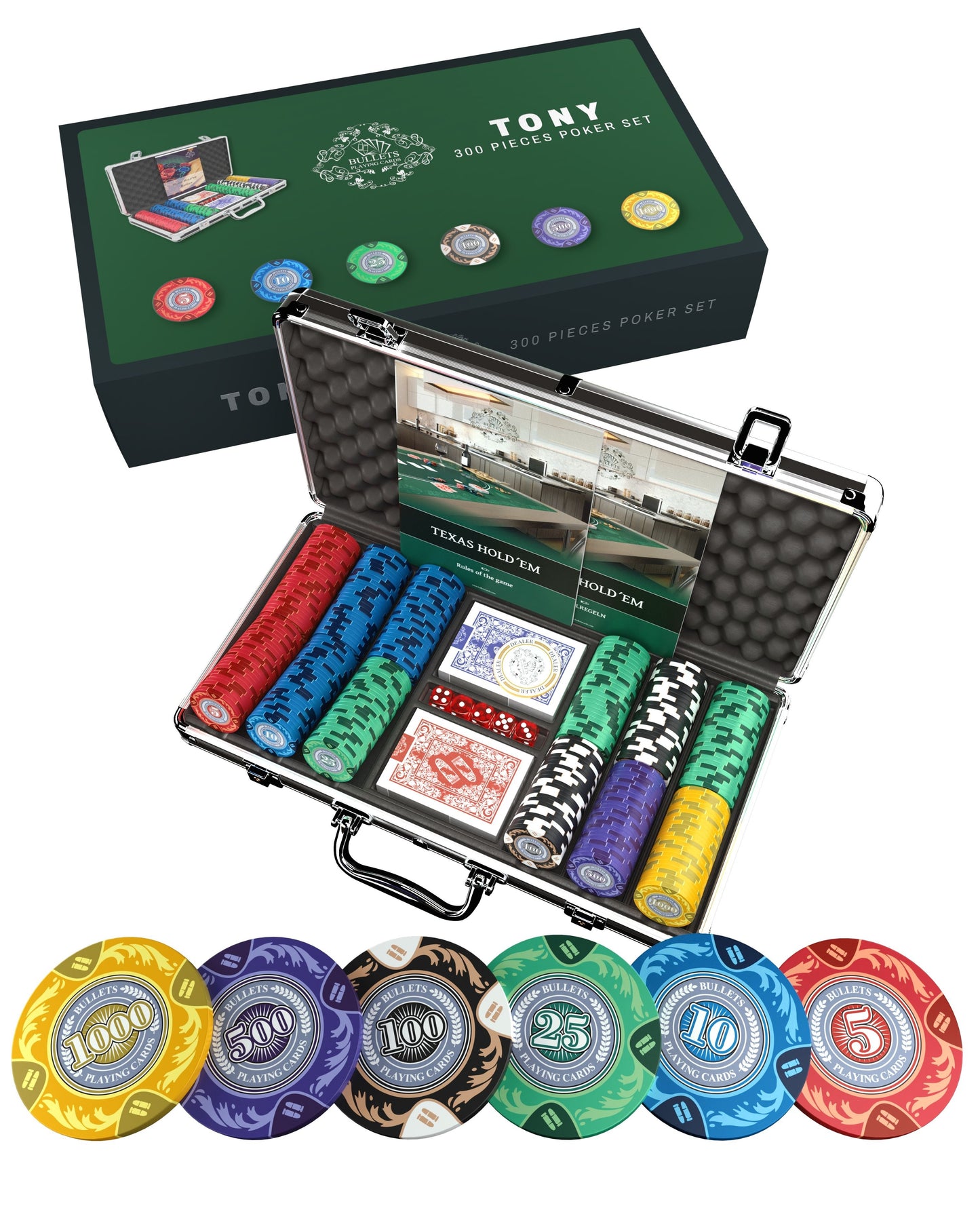 Poker case with 300 clay poker chips "Tony" with Denominations