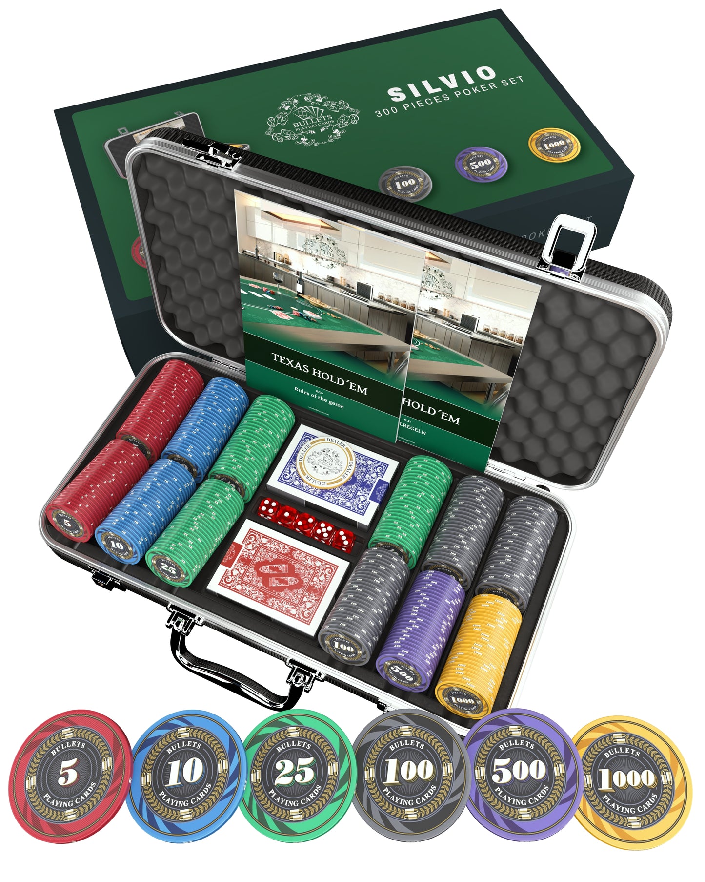 Poker case with 300 ceramic poker chips 'Silvio' with Denominations