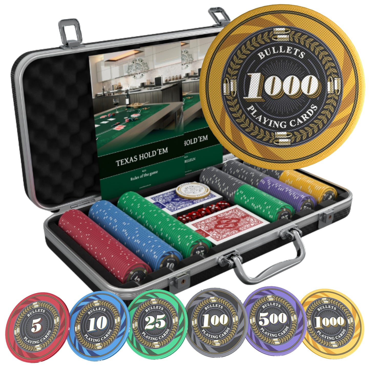 Poker case with 300 ceramic poker chips 'Silvio' with Denominations