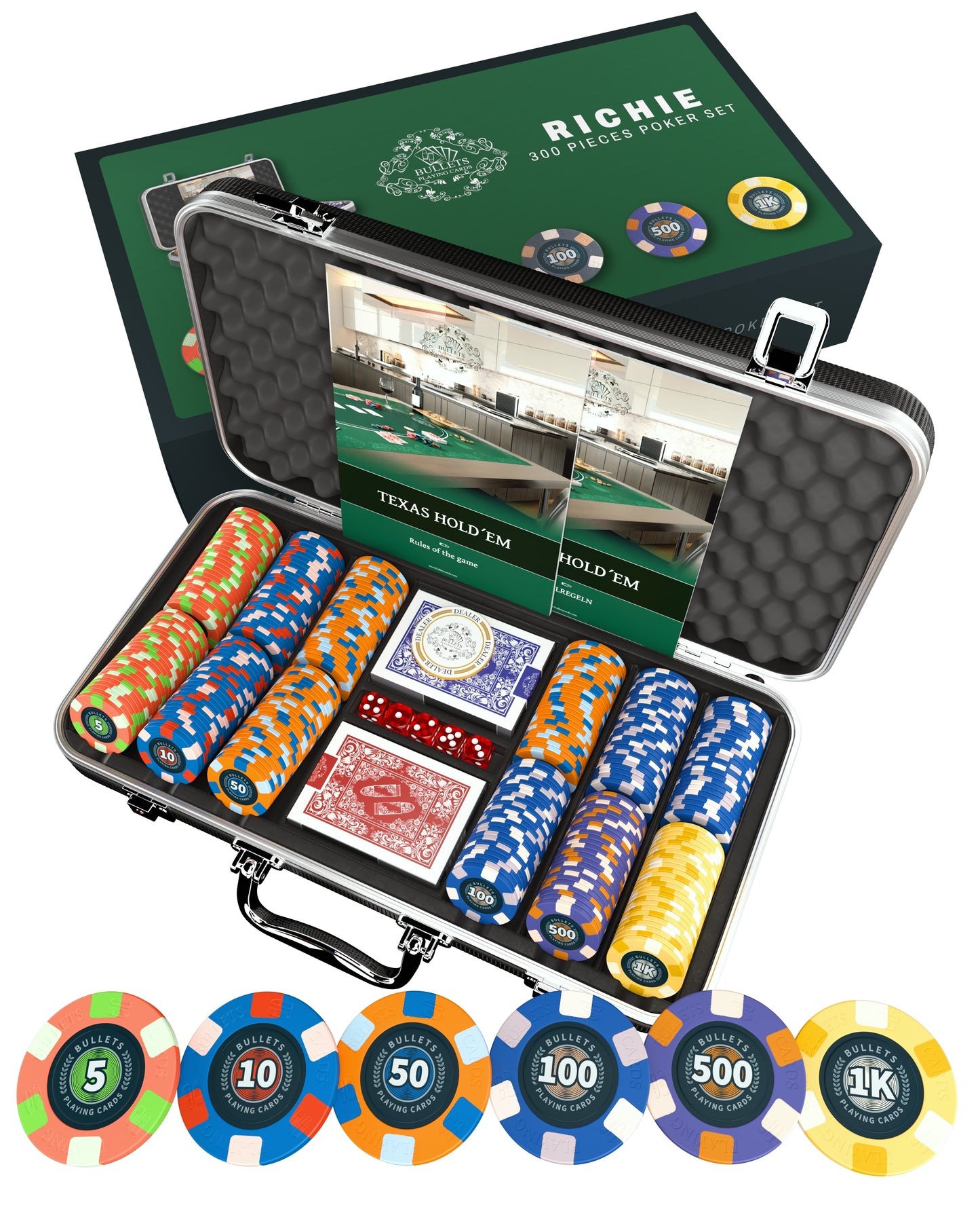 Poker case with 300 ceramic poker chips 'Richie' with values