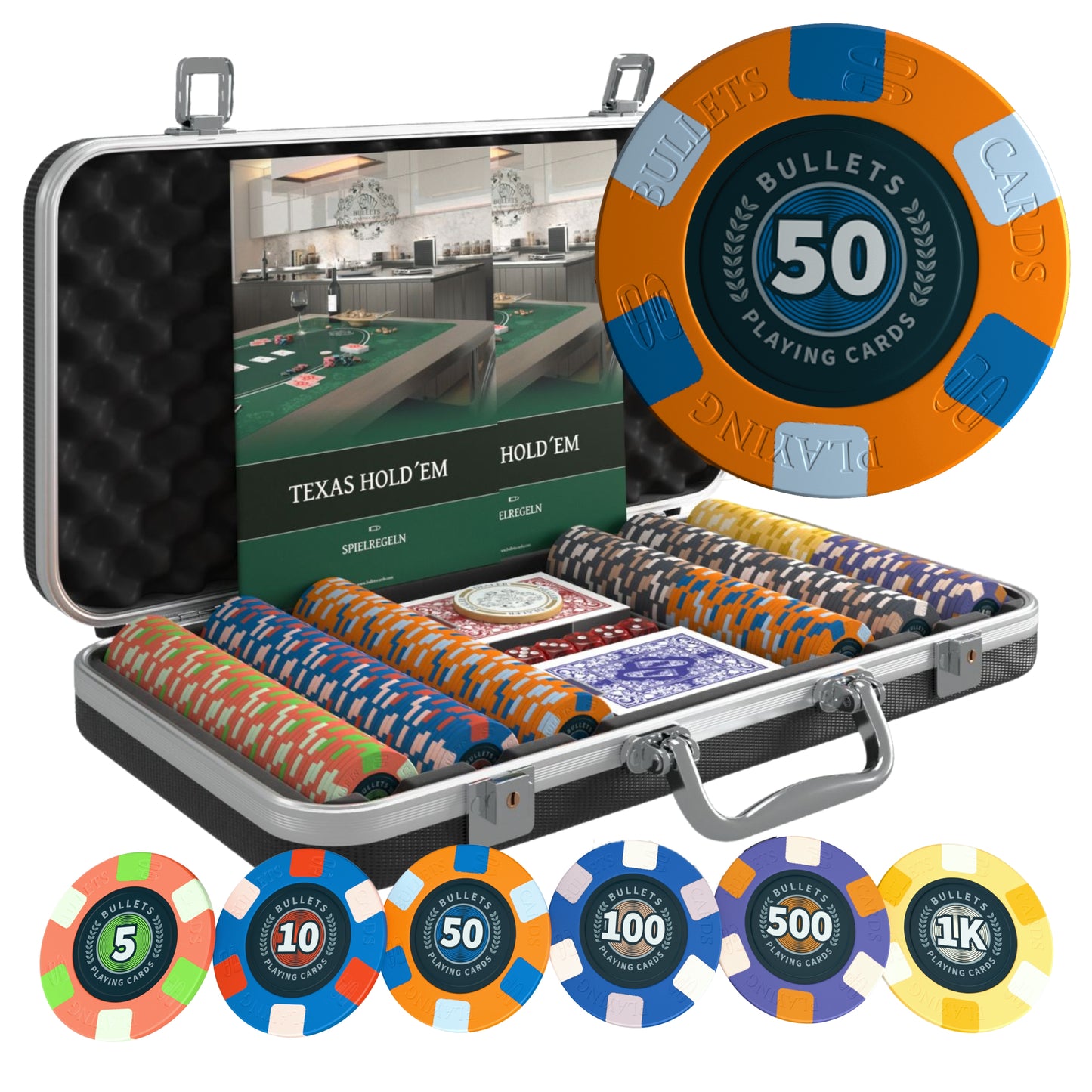 Poker case with 300 ceramic poker chips 'Richie' with values