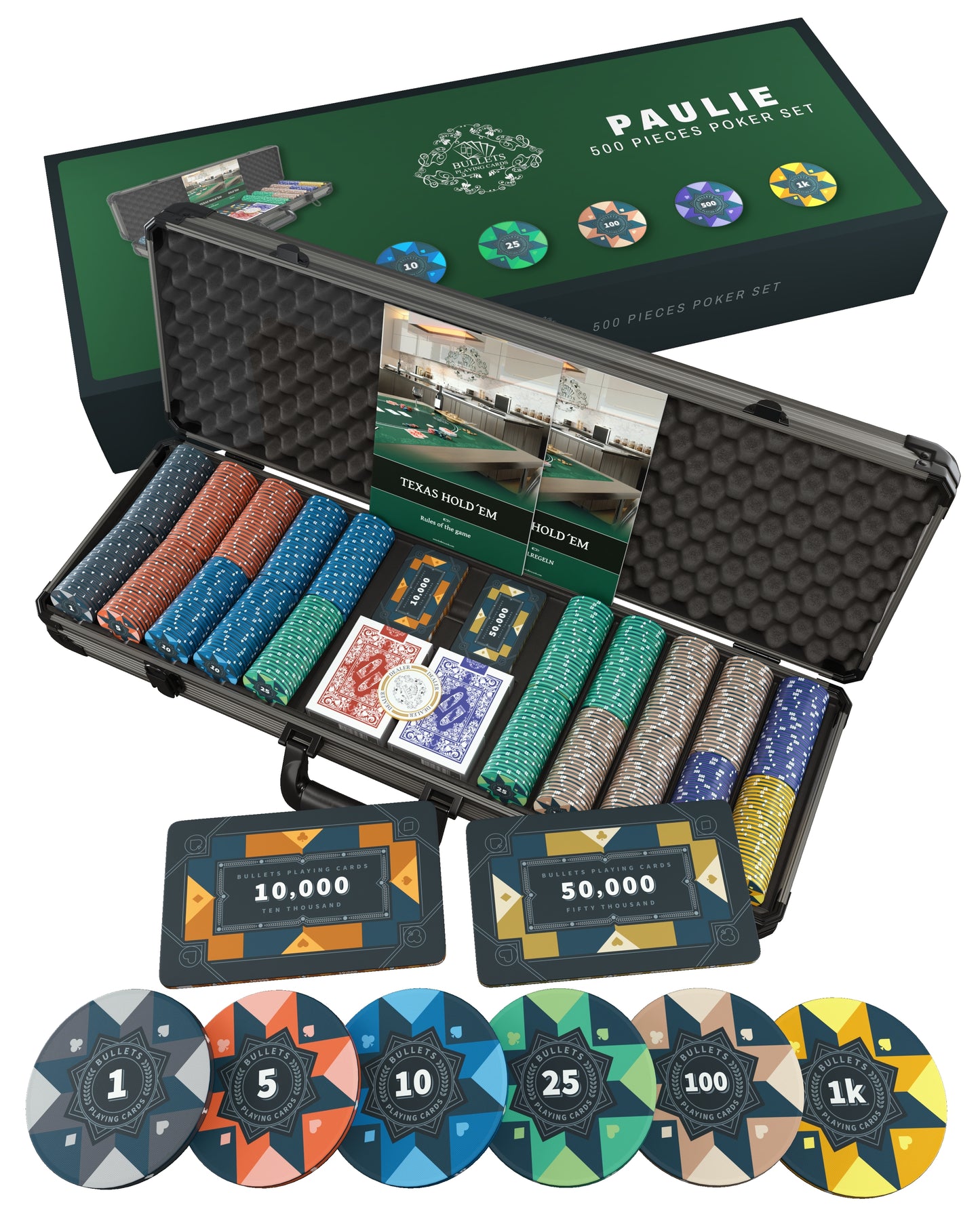 Poker set with 500 ceramic poker chips "Paulie" with Denominations.