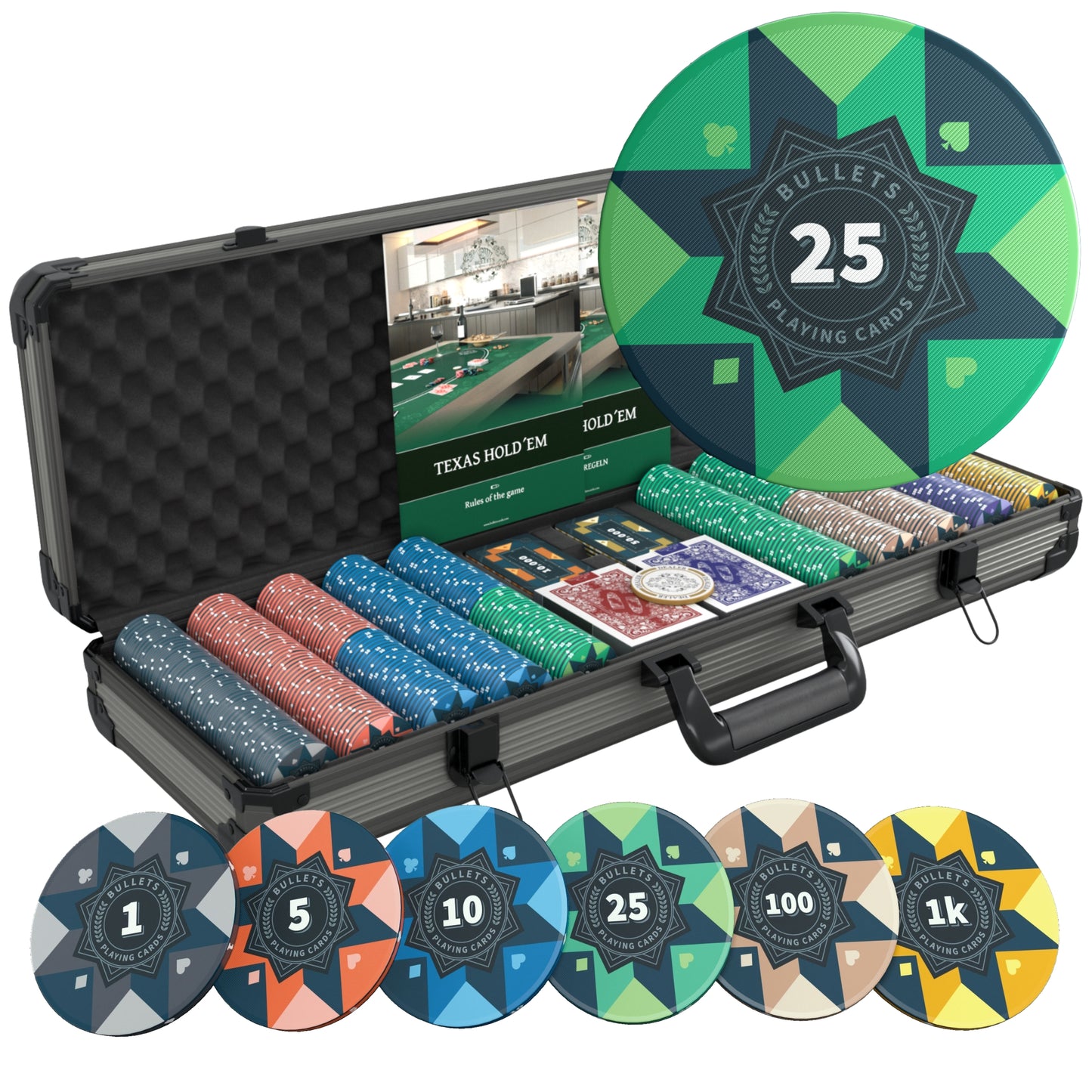 Poker set with 500 ceramic poker chips "Paulie" with Denominations.