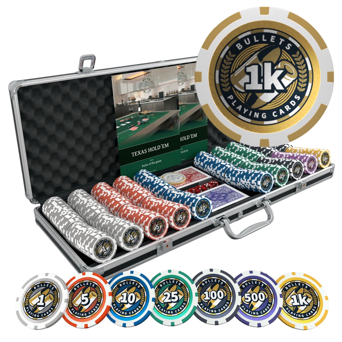 Poker case with 500 plastic poker chips "Christopher" with Denominations