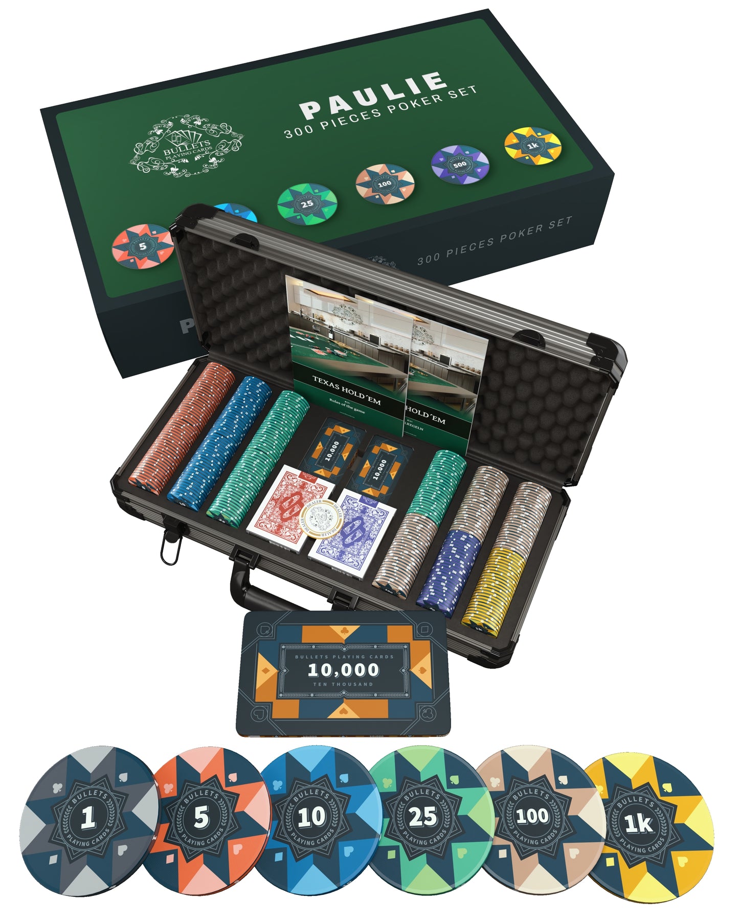 Poker set with 300 ceramic poker chips "Paulie" with denominations.