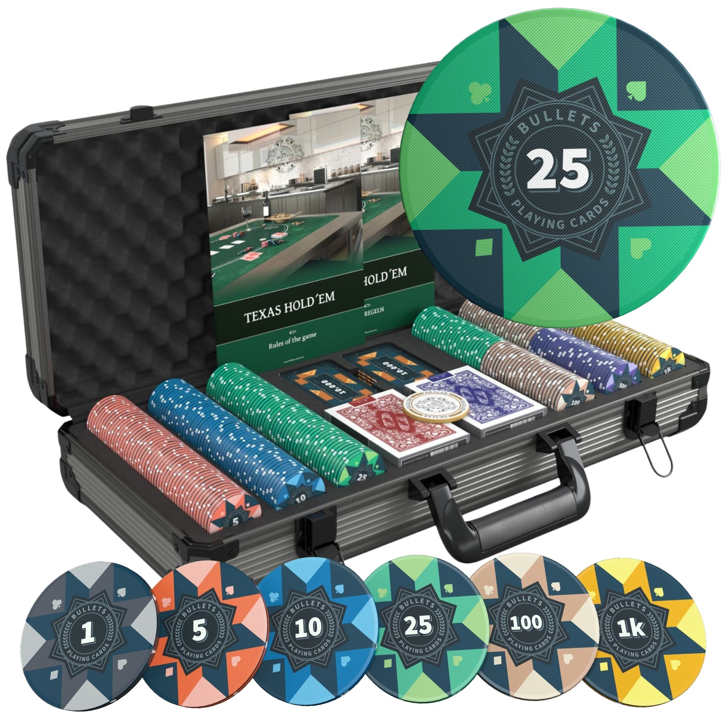 Poker set with 300 ceramic poker chips "Paulie" with denominations.