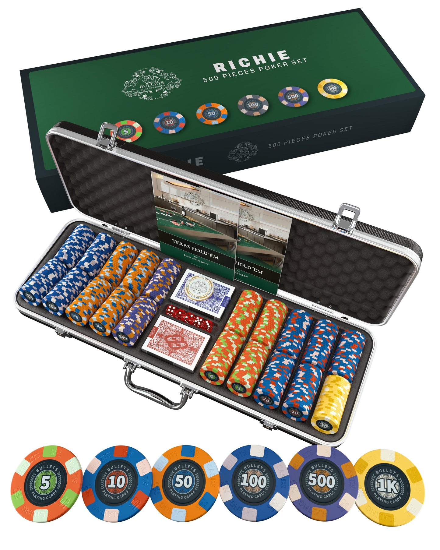 Poker case with 500 ceramic poker chips 'Richie' with Denominations