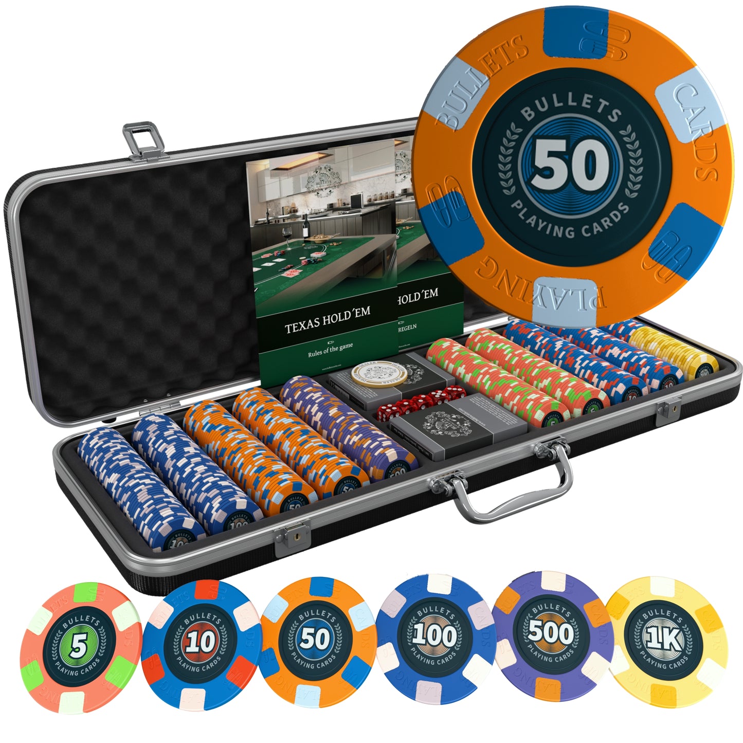Poker case with 500 ceramic poker chips 'Richie' with Denominations