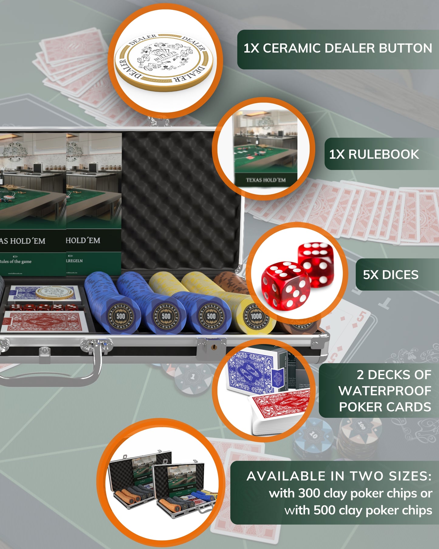 Poker case with 500 designer clay poker chips 'Adriana' with values