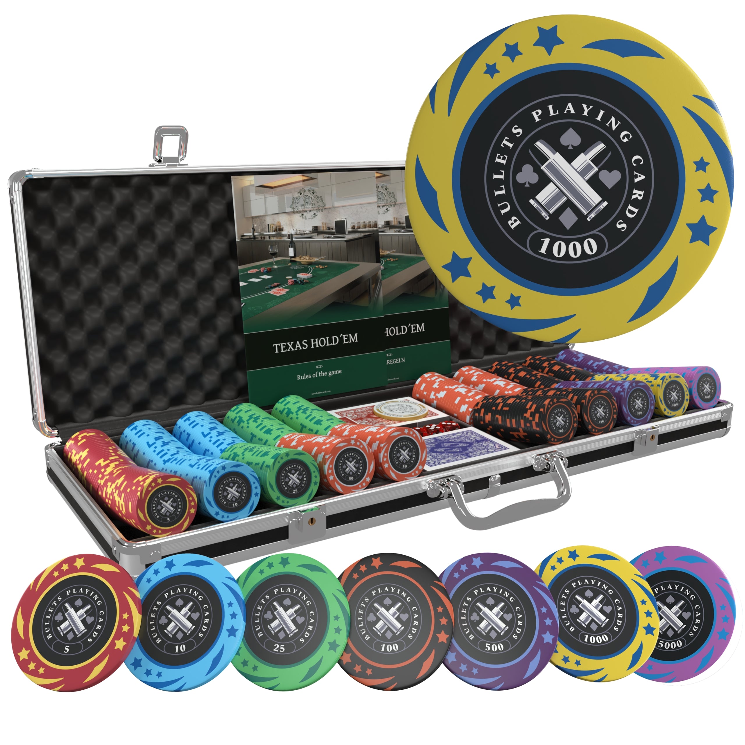 Bullet Card Poker Case with 500 Plastic Chips “Christopher” with Denominations ...
