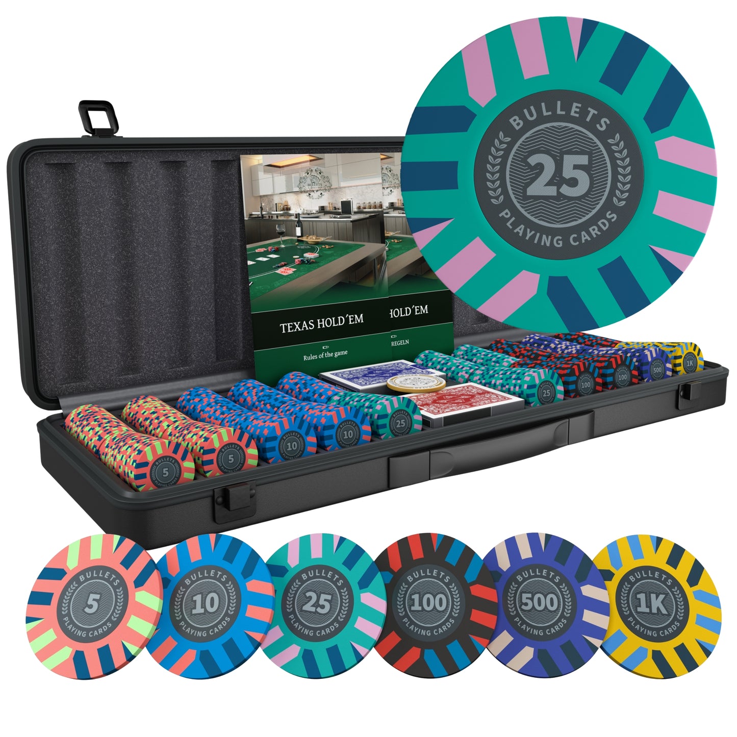 Poker case with 500 designer clay poker chips 'Salvatore' with values