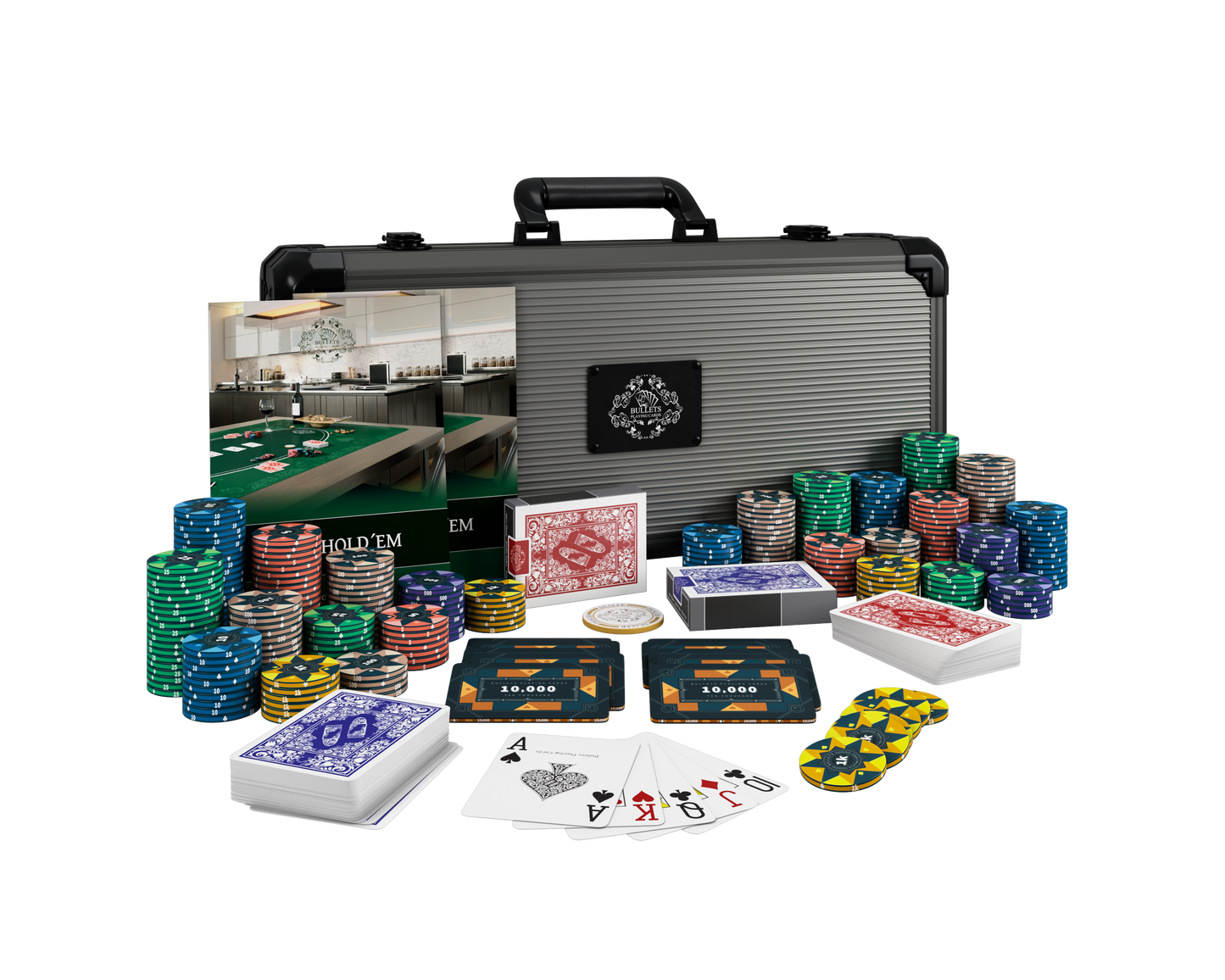 Poker set with 300 ceramic poker chips "Paulie" with denominations.