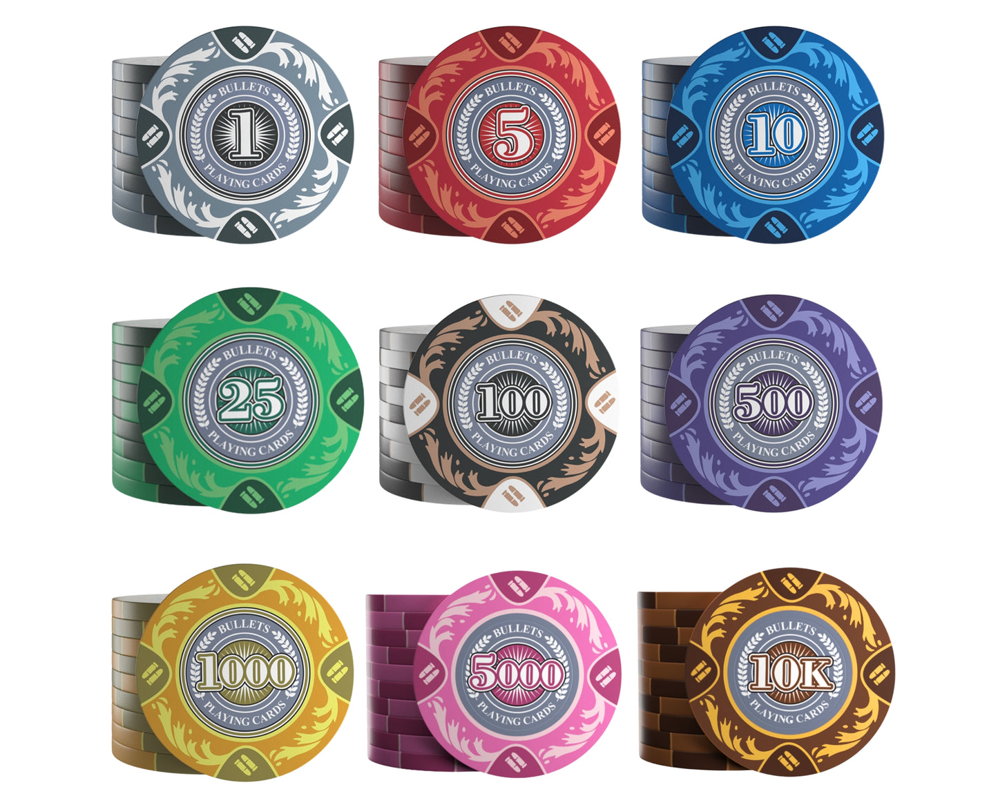 Clay Poker Chips “Tony” with Denominations – Roll of 20 | Bullets Cards