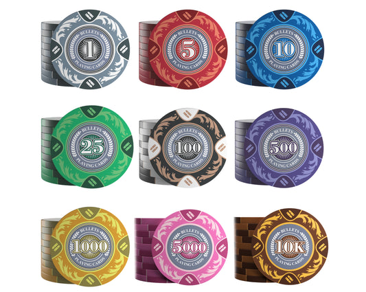 Clay Poker Chips “Tony” with Denominations – Roll of 20 | Bullets Cards