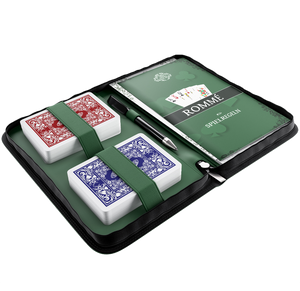 Rummy set in imitation leather case, including plastic playing cards, game rules with 15 Rommee variants, short rules, pen and pad