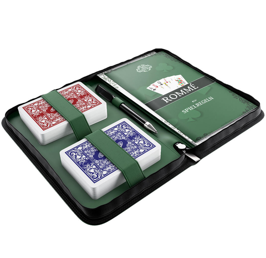 Rummy set in imitation leather case, including plastic playing cards, game rules with 15 Rommee variants, short rules, pen and pad