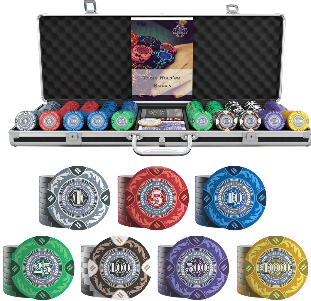 Poker case with 500 designer clay poker chips 'Tony' with values