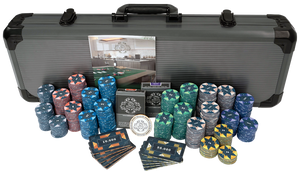Poker set with 500 ceramic poker chips "Paulie" with denominations.